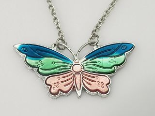 Vintage Butterfly Blue Green Pink Enamel Pendant Chain Necklace Silver Tone