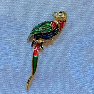 Vtg Multi Colored Enamel & Rhinestone Perched Parrot Pin Brooch 3 - 1/4 "
