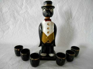 Vintage Japan Figural Penguin In Tuxedo & Glasses Decanter & 6 Shot Glasses
