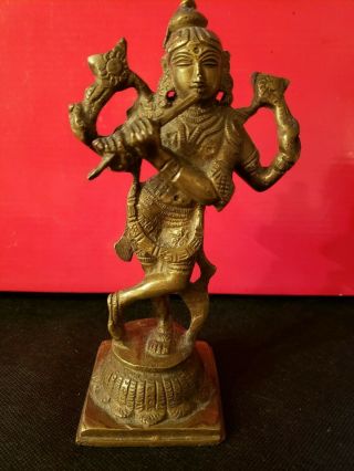 Antique India Hindu Bronze Statue Of Shiva Nataraja Playing The Flute& Dancing