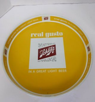 1965 Schlitz Beer Tray 13 " Round Serving Metal Tray Double Sided Yellow Vintage