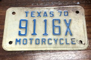 Vintage 1970 Texas Motorcycle Licsense Plate 9116x