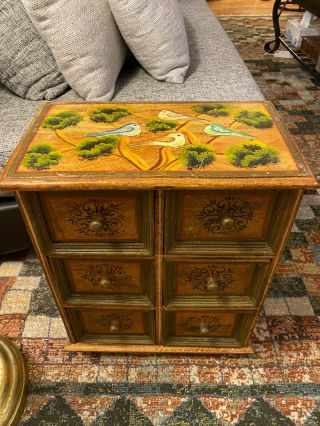 Antique Vintage Miniature Dresser Chest Of Drawers Hand Painted Birds Tree Box