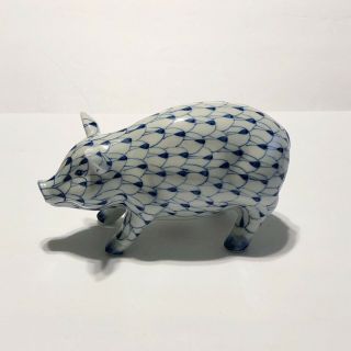 Vintage Pig Porcelain Figurine Andrea By Sadek Blue White Fishnet Hand Painted