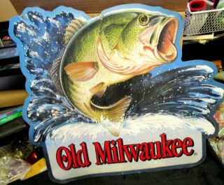 Vintage Old Milwaukee Beer Jumping Bass Metal Tin Sign 1994 Great Den Sign
