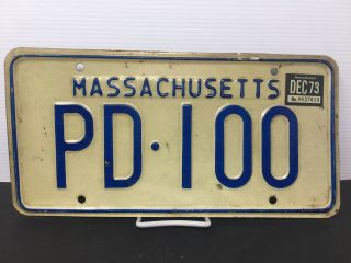 Massachusetts License Plate Pd • 100 Police Department ? Vanity Blue On White 73