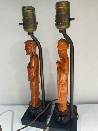 Antique Rare Chinese Man & Woman Wood Base Sculpture Figural Electric Lamp Set