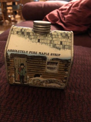 Vintage Tin Log Cabin " Absolutely Pure Maple Syrup " 16.  9 Fl.  Oz