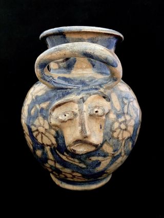 Antique 18th C.  Talavera Double Ugly Face Jug Vase Salt Glaze Pueblo Pottery