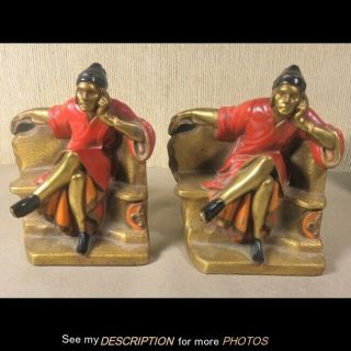 Antique Pair Signed K & O Brass Bookends Red Robed Monk