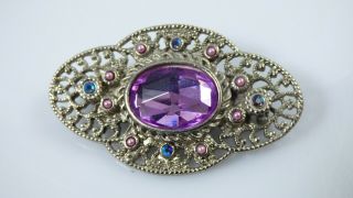 Vintage Purple Rhinestone Silver Tone Ornate Brooch Pin Faux Pearls Ab Crystals