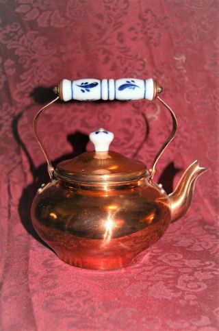 Vintage Copper Tea Pot With Blue And White Porcelain Handle And Knob