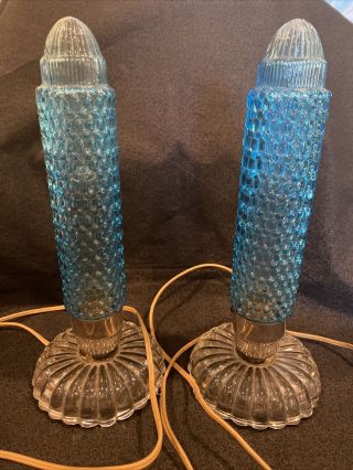 Art Deco Blue Glass Bullet Torpedo Skyscraper Boudoir Vtg Antique Lamps Set Of 2