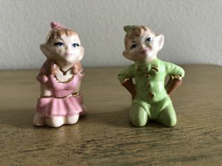 Vintage Ceramic Pixie Elf Girl And Boy Green Pink Gold Miniatures 2 Inches