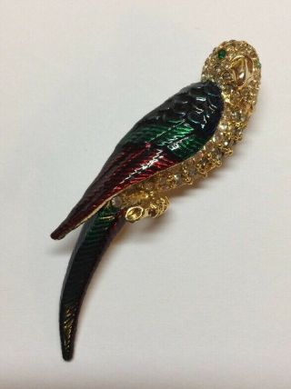 Vintage Enamel & Rhinestone Parrot Brooch Bird Pin With Green Eyes