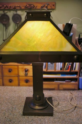 Antique Arts & Crafts Mission Table Lamp Copper Slag Glass Paneled Shade