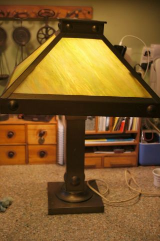 Antique Arts & Crafts Mission Table Lamp Copper Slag Glass Paneled Shade 3