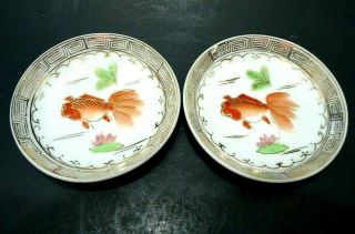 Vintage 1940s 2 Japanese Porcelain Orange Koi Fish Sauce Dishes Hand Painted