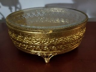 Large Vtg Beveled Glass Ormolu Filigree 7 " Jewelry Casket Gold Box