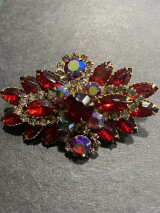 Vintage High End Juliana Brooch Pin Red Clear Rhinestones Gold Tone