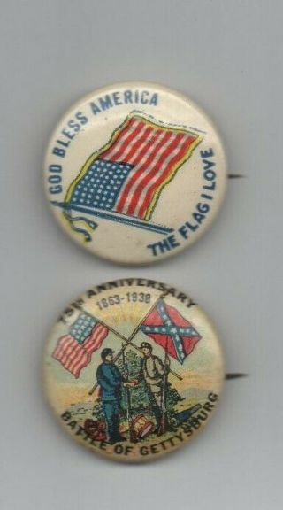 2 1938 Color Vintage Gettysburg Pin Button 75th Anniversary - Civil War