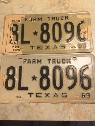 Pair 1969 Texas Farm Truck License Plates W/partial Prison Paper Wow
