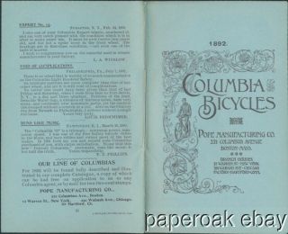 1892 Columbia Bicycles By Pope Manufacturing Co.  Promotional Booklet