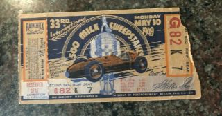 1949 Indy 500 Ticket Stub,  Bill Holland Wins Tear On Right Side.  Otherwise Vg