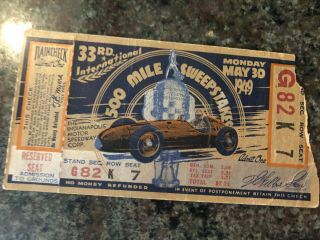 1949 Indy 500 Ticket stub,  Bill Holland Wins Tear on right side.  otherwise VG 3