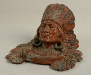 Rare Antique Cold Painted Metal Judd Co Indian Chief Head Inkwell Inkstand Large