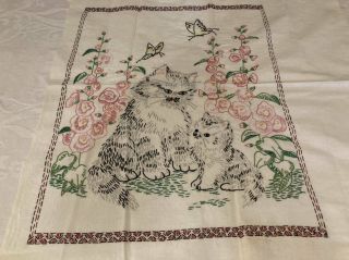 Vintage Embroidered Pillow Cover Cat Kitten Butterflies Flowers
