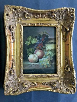 11 " Vtg Antique Still Life Fruit Signed Painting On Board W/ Gold Baroque Frame