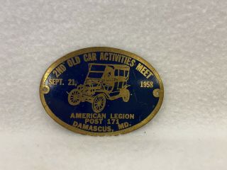 Vintage 1958 Car Club Plaque American Legion Post 171 Damascus Md Maryland