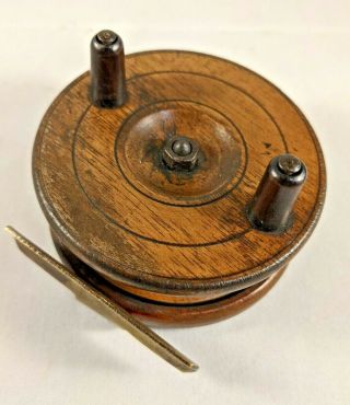 Antique English Wood & Brass Fly Fishing Reel