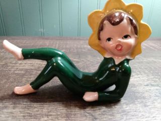 Vintage Elf Pixie Sprite Figurine Japan Ceramic Flower Green