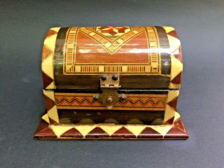 Vintage Small Box Spanish Marquetry Decorative Inlay Wood Bone Fabric Lined