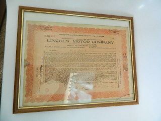 1920 Lincoln Motor Company Framed Temporary Certificate For Class A Shares