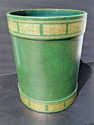 Vintage Round Green with Gold Tooled Leather Waste Paper Basket Trash Can Italy? 3