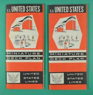 2 - Ss United States Lines - Miniature Deck Plan - 1962 This Is For 2 Near Fine