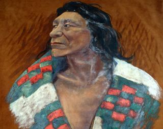 Antique Vtg Native American Hand Painted Leather Hide Umatilla Chief Fish Hawk