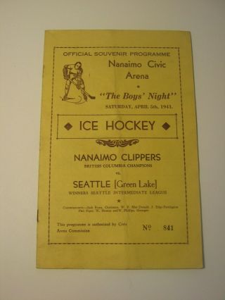 1941 Programme Ice Hockey Nanaimo Clippers Vs Seattle