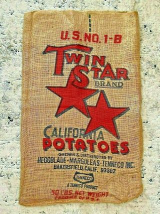 Vintage Twin Star Brand Potatoes 50 Pound Burlap Bag Sack Bakersfield,  Ca.