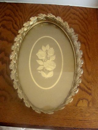 Vtg Gold Tone Oval Footed Perfume/vanity Tray W/floral Border & Roses -