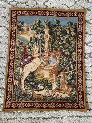 French Woven Art Tapestry Vintage Point Des Meurins - Unicorn Fountain Beaver