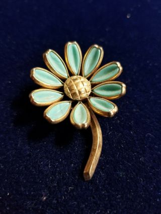 Vintage Aqua Signed Crown Trifari Goldtone & Poured Glass Flower Brooch