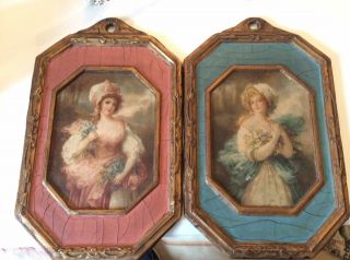 Vtg Antique Victorian Lady Plaques Italian French Style Frames Florentine 2