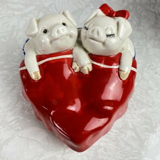 Vintage Fitz & Floyd Pig Trinket Box Makin Bacon Ceramic Heart Lid Mr & Mrs 1980