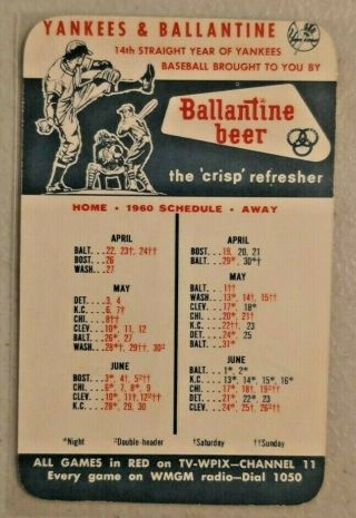 1960 York Yankees Baseball Schedule Ballantine Beer Ale