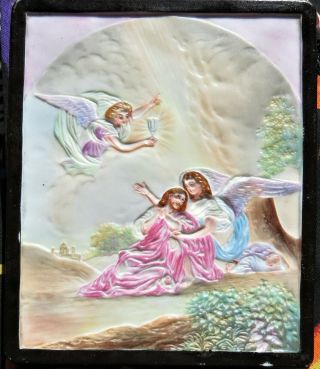Antique 19th Century French Color Lithophane Tile: Angels With Christ In Garden