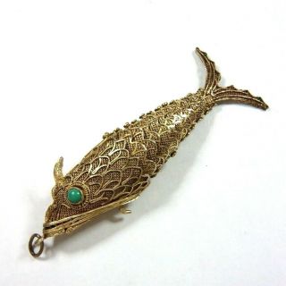Antique Gilt Silver Filigree Articulated Koi Fish Box Pendant W Turquoise Eyes